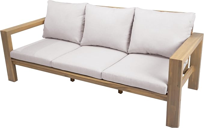 Outdoor Patio Sofa Set 3-Seater Acacia Wood Conversation Set with Cushions & Coffee Table Garden Backyard Balcony Poolside (Beige,Light Teak5)