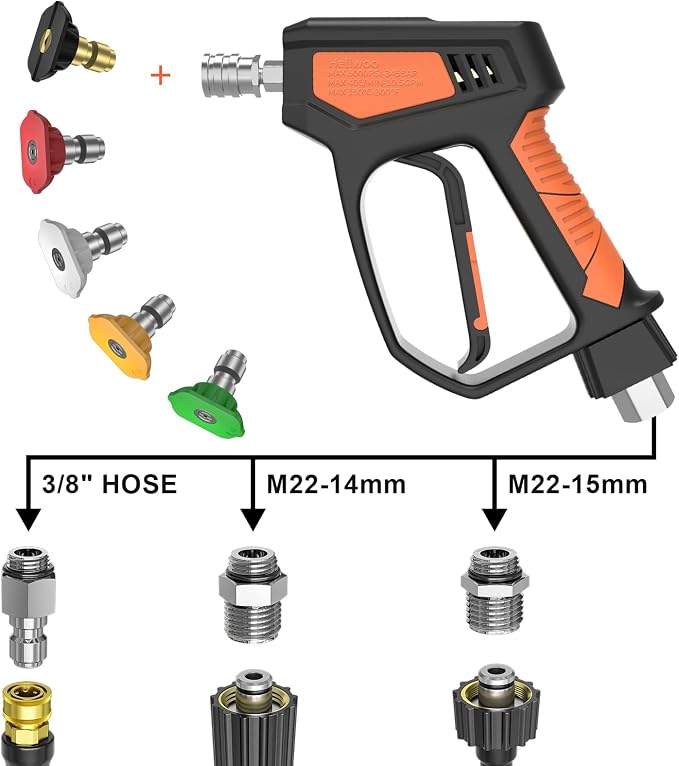 Pressure Washer Gun, 5000 PSI / 10.5 GPM with 3/8" Swivel Plug & M22-14mm/15mm Fittings, 5 Nozzle Tips, Suitable for Most Pressure Washers