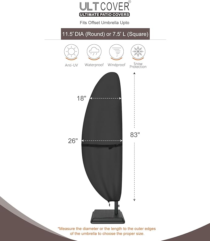 ULTCOVER Patio Parasol 600D Waterproof Outdoor Offset Banana Style Umbrella Cover - Fits Cantilever Offset Umbrella 7.5-11.5 Feet, Black