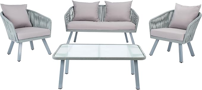 Safavieh Outdoor Collection Jorda Wicker Cushion 4-Piece Rope Patio Backyard Living Set PAT7518C, Grey/Grey