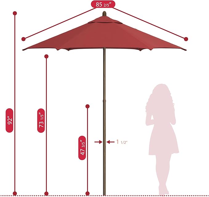 Sunline 7.5 ft Faux- Wood Patio Umbrella, Push Open Pin Stop Outdoor Market Umbrella with UV Protection & Wind Vent, Metal Frame for Deck, Pool & Table, Brick