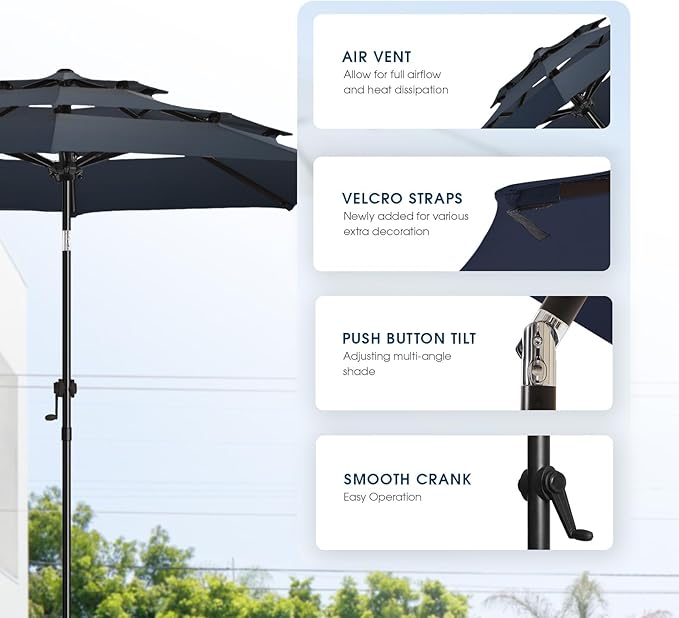 wikiwiki 10ft 3-Tier Patio Umbrella Outdoor Table Market Umbrella for Patio with Push Button Tilt/Crank, Fade Resistant Waterproof POLYESTER Canopy for Garden, Lawn, Deck, Backyard & Pool, Navy Blue