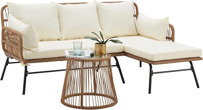 EROMMY 3 Piece Patio Furniture Set, L-Shaped Sectional Conversation Sofa Set with Thick Cushions and Toughened Glass Coffee Table for Backyard Balcony Garden Porch, White