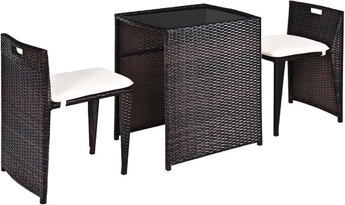 HAPPYGRILL 3 Pieces Wicker Patio Bistro Set, Outdoor Rattan Dining Set, Patio Furniture Set with Cushions for Yard Deck Garden Poolside
