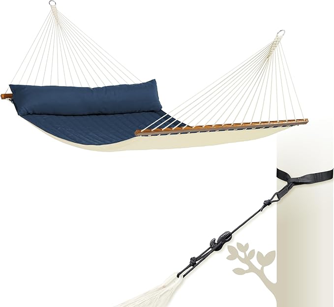 LA SIESTA® Alabama Quilted Hammock with Spreader Bar & TreeMount, Fabric Tree Hammock with Tree Straps for Beams Posts - Weatherproof Outdoor Hammock - 2 Person Double Hammock Bed - XL King, Navy Blue
