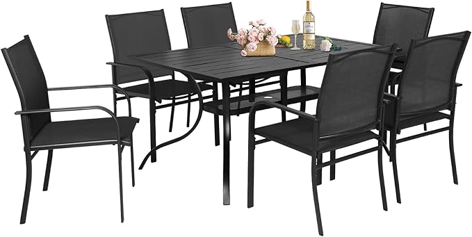 7-Piece Patio Dining Set,6 Person Outdoor Table and Chairs Set, 6 Metal Dining Chairs and Rectangular Outdoor Table with 1.57" Umbrella Hole,Black