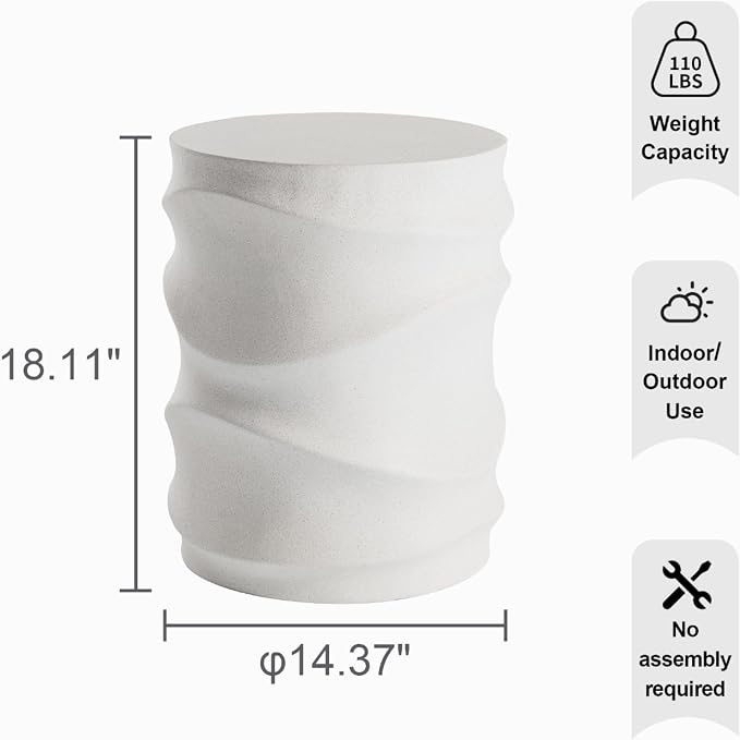 HOMPUS Outdoor Side Table, Patio End Table w Water Wave, Unique MgO Round Lightweight Concrete Accent Table, Modern Vintage Plant Stand Garden Tool for Indoor Outdoor Use, Warm White