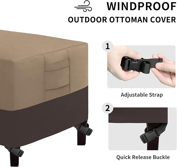 Easy-Going Outdoor Ottoman Cover, Waterproof Patio Ottoman Cover, Heavy Duty Outdoor Furniture Cover with Padded Handles (2 Pack-25"x25"x17", Camel/Dark Brown)