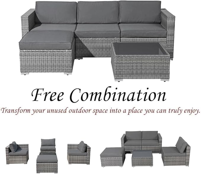 Patiorama 5 Piece Outdoor Patio Furniture Set, Outdoor Sectional Conversation Set, All-Weather Grey PE Wicker w/Dark Grey Cushions, Outdoor Backyard Porch Garden Poolside Balcony Furniture Set