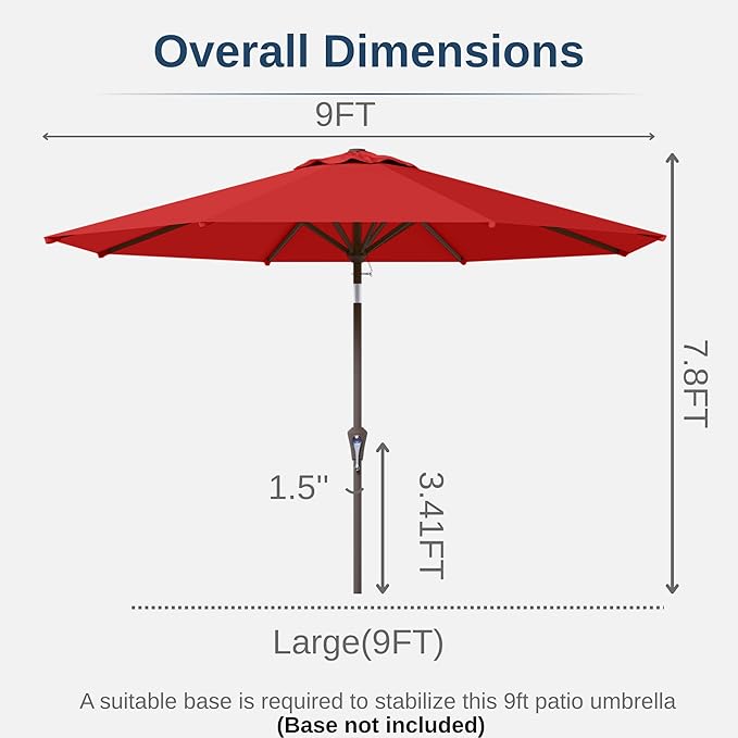 9ft Patio Umbrella with Push Button Tilt and Crank,Outdoor Market Table Umbrella UV Protection 8 Sturdy Ribs for Backyard,Garden,Pool,Deck(Red)