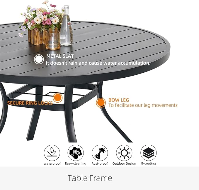 Patio Table and Chairs Set for 6 Person,54" Round Steel Slat Outdoor Table with 6 Breathable Textilene Swivel Chairs for Deck/Backyard/Poolside/Garden