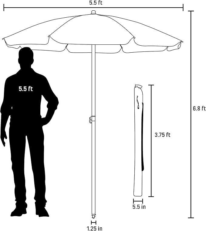 PICNIC TIME 5.5 Ft Portable Beach Umbrella, Lightweight UV Protection Sunshade with Tilt Pole & Carry Bag, Outdoor Canopy Umbrella for Beach, Sand, Pool, Patio, Camping, Travel, or Backyard Shade, (Black)