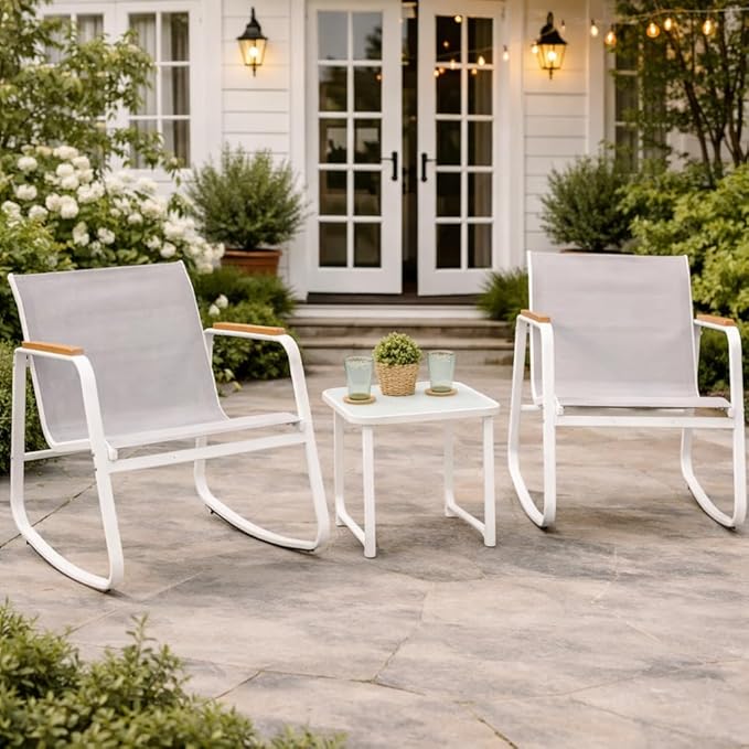 Kozyard 3 Piece Rocking Chair Set, Outdoor Rocking Textilene Bistro Set with Wooden Armrests, Outdoor Patio Furniture Set with Glass Table for Lawn, Porch, Yard, Garden, Balcony, Poolside White