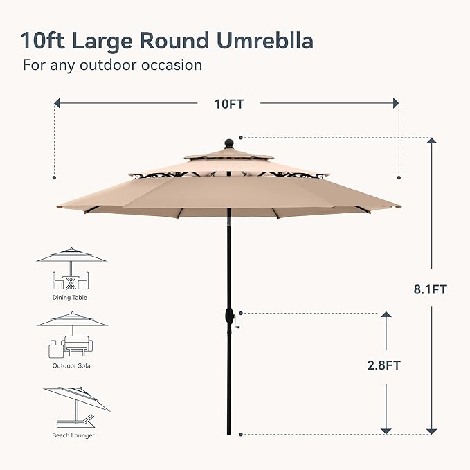 PHI VILLA 10ft Outdoor Patio Umbrella for Outside, 3 Tier Vented Round Market Table Umbrella Windproof for Backyard, Deck, Garden, Beige & Tan(No Base)