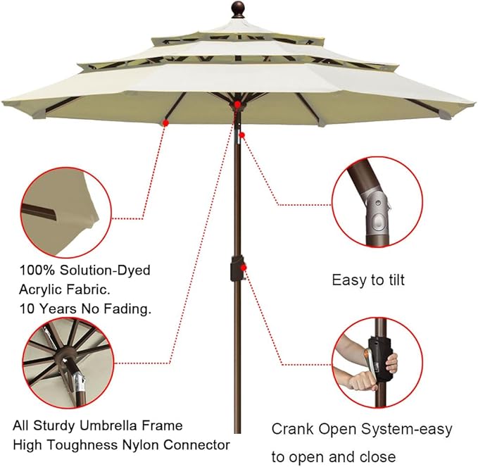 EliteShade USA 10-Year-Non-Fading 9ft 3-Tier Market Patio Umbrella, Commercial Grade Outdoor Table Umbrella with Crank Open, Windproof & UPF 50+ UV Protection, Heavy Duty Ventilation for Garden, Deck, Pool, Backyard, Beach & Bistro, Natural