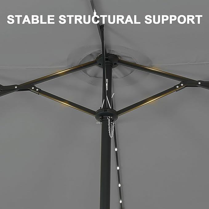 15 ft Patio Umbrella with 48 LED Lights, Large Rectangle Outdoor Solar Umbrella with Matching Base, Strap, Crank, Grey