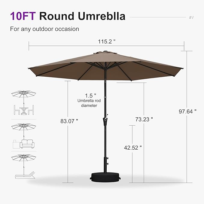 PURPLE LEAF 10' Round Patio Umbrella Outdoor Table Umbrella Aluminum Frame Market Umbrella with 8 Sturdy Ribs & Tilt for Garden Deck Lawn Pool Taupe