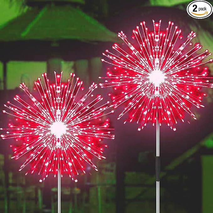 JJGoo Solar Firework Lights, 2 Pack 150 LEDs 2 Lighting Modes Solar Lights Outdoor Waterproof for Garden Patio Walkway Pathway Party Wedding Christmas Decorative - Red