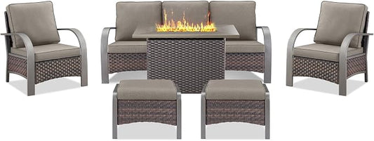 Belord 6 Pieces Patio Furniture Set with Fire Pit Table - 50000 BTU Propane Fire Pit, 2 Single Leisure Chairs, High Back Wicker Rattan Couch, Outdoor Conversation Set for Casual Gathering