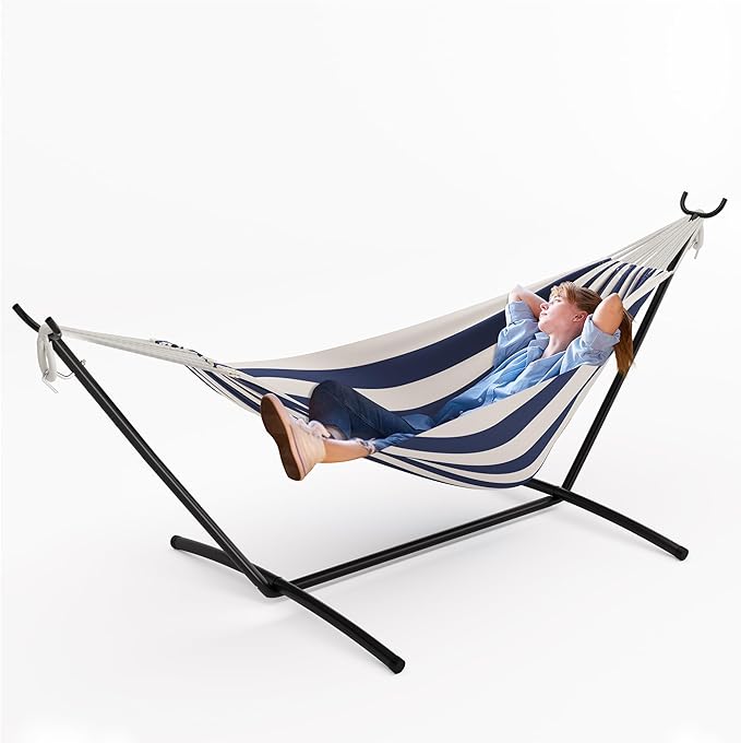 Heavy Duty Double Cotton Hammock with Steel Stand for 2 Person - Brazilian Style, 450lbs Capacity - Portable Indoor Outdoor Lounger with Carry Bag - Easy Assembly for Backyard, Balcony