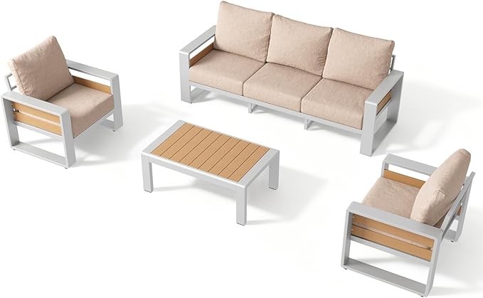 Aoxun Aluminum Patio Furniture Set, 5 Seats Luxury Outdoor Sectional with 6" Olefin Fabric Cushions, Patio Conversation Sets with Coffee Table Outdoor Sofas for Backyard, Deck, Porch Beige