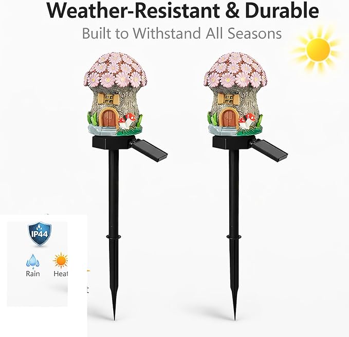 Solar Garden Lights Outdoor, 2 Pack Decorative Solar Flower Cottage Pathway Lights Waterproof, Resin Fairy Garden Lights for Yard Lawn Patio Decor