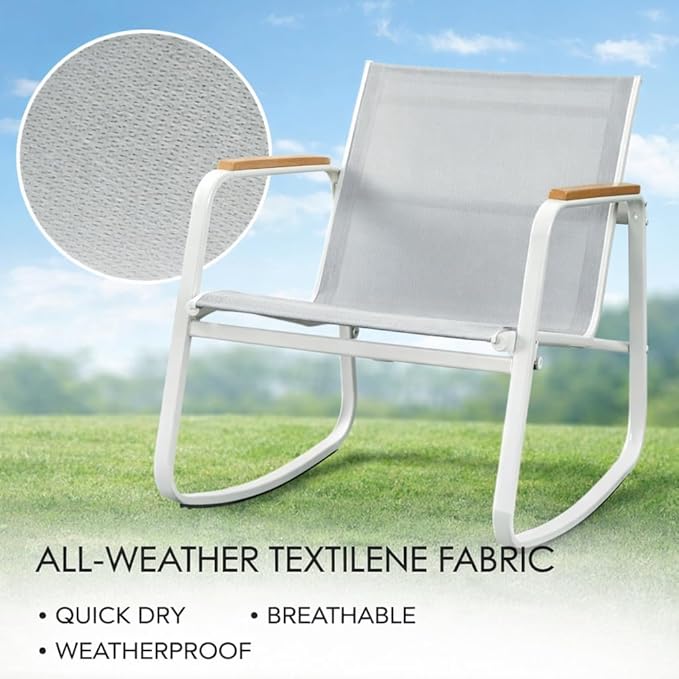 Kozyard 3 Piece Rocking Chair Set, Outdoor Rocking Textilene Bistro Set with Wooden Armrests, Outdoor Patio Furniture Set with Glass Table for Lawn, Porch, Yard, Garden, Balcony, Poolside White