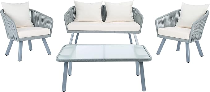 Safavieh Outdoor Collection Jorda Wicker Cushion 4-Piece Rope Patio Backyard Living Set PAT7518A, Grey/Beige