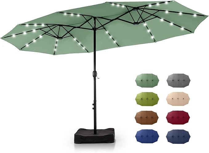 GREEN PARTY 15 ft Large Outdoor Patio Umbrella with Solar Led Lights & Base Included, Double-Sided Rectangular Table Umbrella with Stand, Market Umbrellas for Deck Poolside Garden Backyard, Mint Green