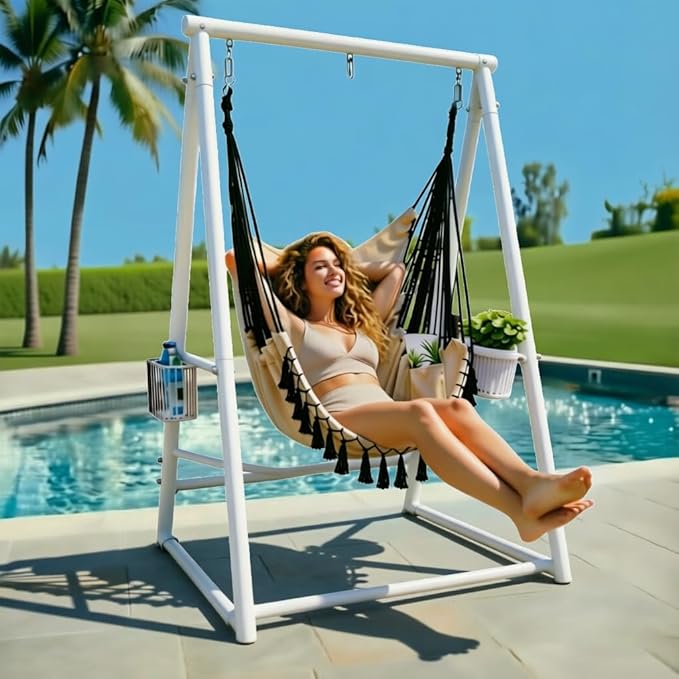 Hammock Chair with Stand Hanging Rope Swing Chair, Heavy-Duty Steel Max 350 LBS Capacity for Indoor Outdoor Patio Garden Balcony (White)