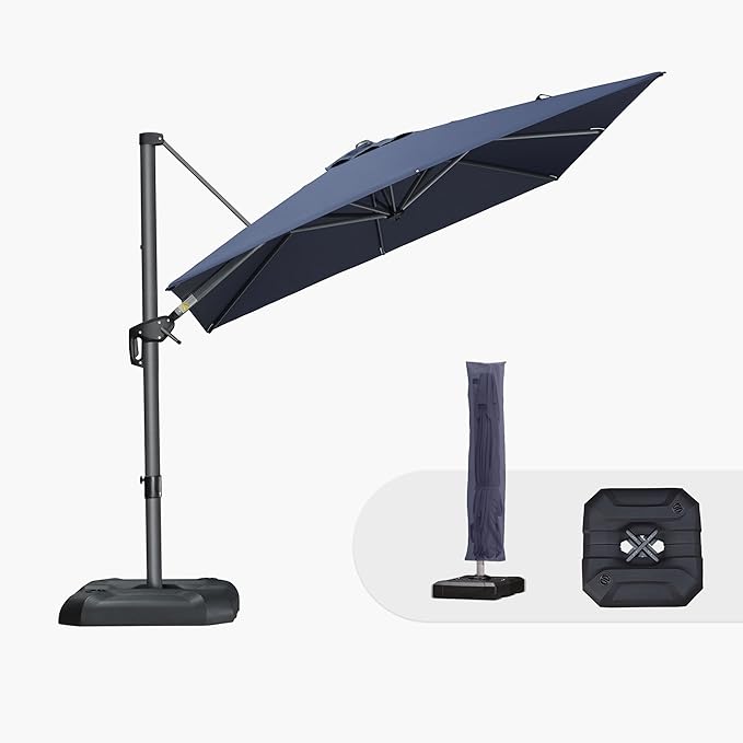 PURPLE LEAF 8'×8' Patio Cantilever Umbrella with Base Included Offset Outdoor Umbrella with Cover Square Outdoor Patios for Backyard Pool Garden Navy Blue
