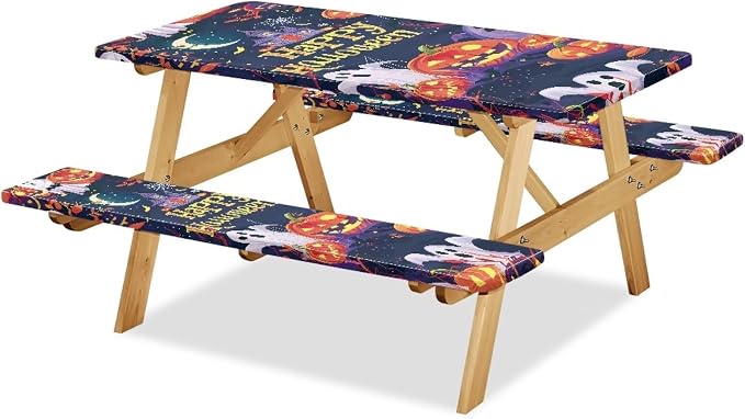 Happy Halloween Picnic Table Cover with Bench Covers Lightweight Camping Essentials, Oil-Proof Waterproof 3PCS Tablecloth with Elastic, Fitted for Backyard Parties & Trick-or-Treat