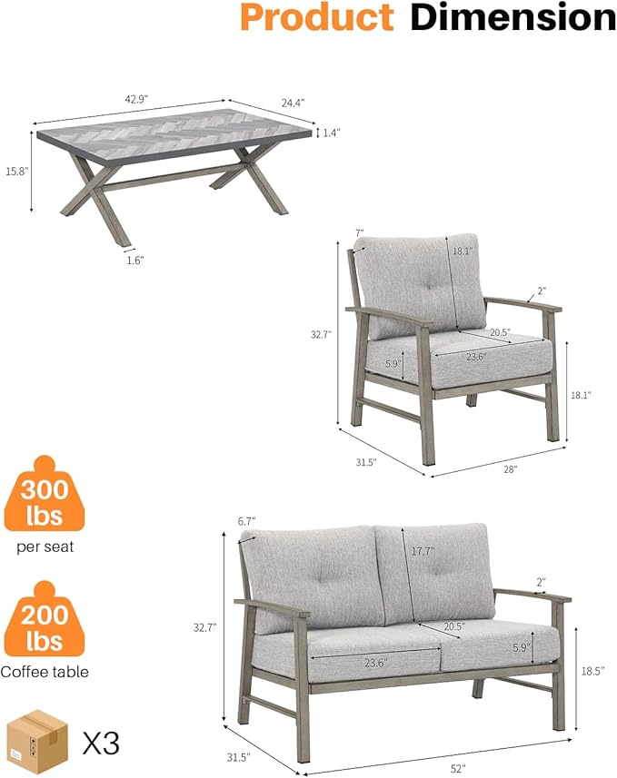 Aluminum Outdoor Patio Furniture Set, 4 Piece Patio Conversation Sets with Washable Thick Cushions, Weather-Resistant Outdoor Sectional Sofa Couch Sets for Poolside, Backyard, Limed Oak