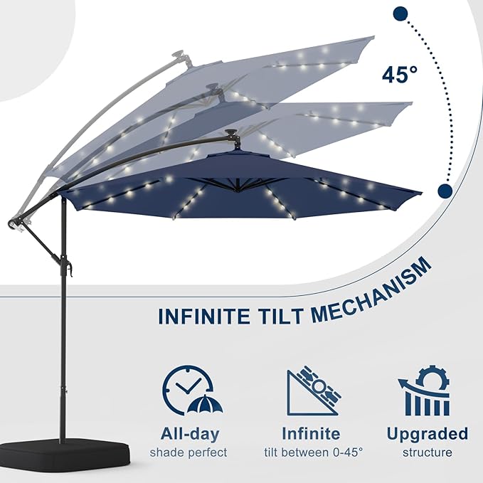 10FT 40-LED Solar Lighted Patio Umbrella with Base Included, Outdoor Offset Cantilever Umbrella, Infinite Tilt, UV Protection for Backyard, Lawn, Garden & Pool