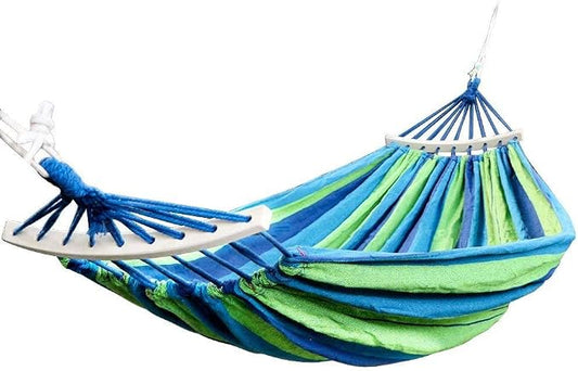 Outdoor Camping Canvas Fabric Portable Garden Ultralight Striped Hammocks with Strong Rope (100 cm, Wooden Curved Strip, Blue)