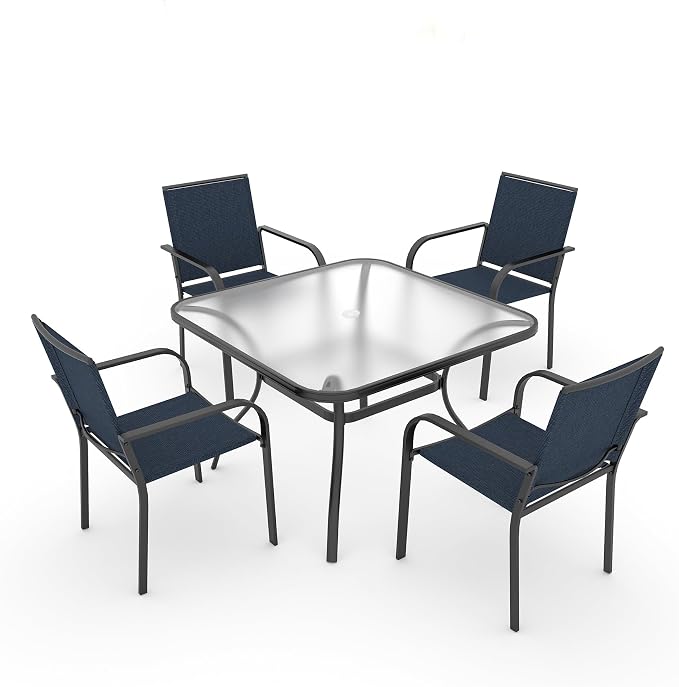Anmutig 5-Piece Outdoor Patio Dining Set 37-Inch Square Glass Table with 4 Stackable Chairs for Lawn Backyard and Deck, Blue