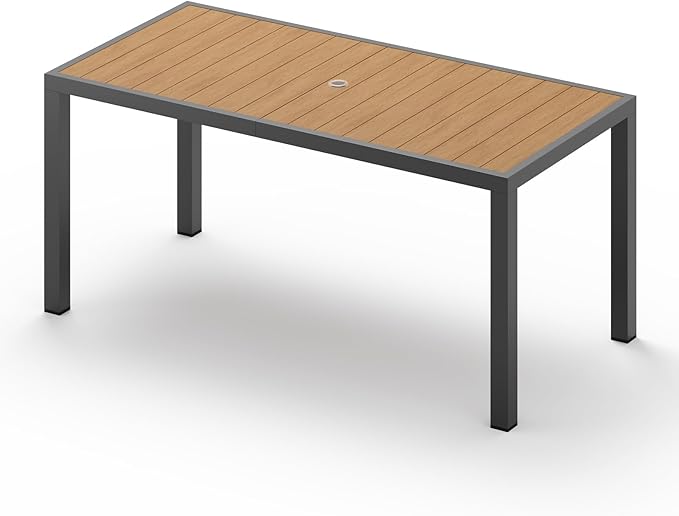 Vexwalx 67" HDPS Outdoor Patio Dining Table, Aluminum-Edged Outdoor Dining Table with Umbrella Hole, Weather-Resistant for Lawn, Garden, Poolside and Indoor Use, Gray&Teak