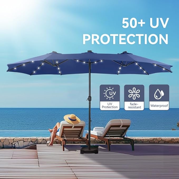 GREEN PARTY 15 ft Large Outdoor Patio Umbrella with Solar Led Lights & Base Included, Double-Sided Rectangular Table Umbrella with Stand, Market Umbrellas for Deck Poolside Garden Backyard, Haze Blue