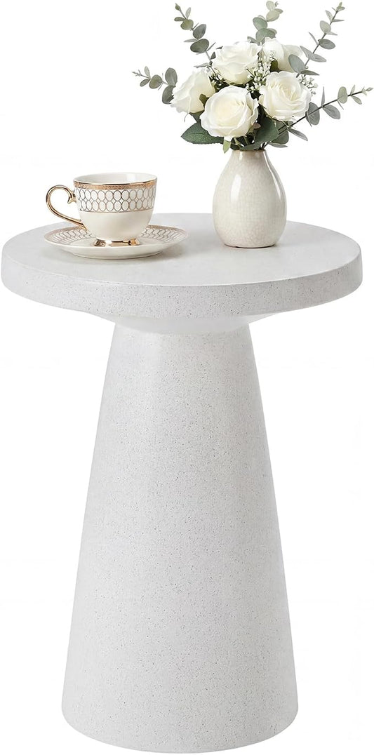 HOMPUS Outdoor Side Table Large, Concrete Side Table Faux Stone Cone Shaped, Patio Round Accent Table, Lightweight MgO Tall Coffee Table Garden Tool for Home Decor, Porch and Deck, Spotted White