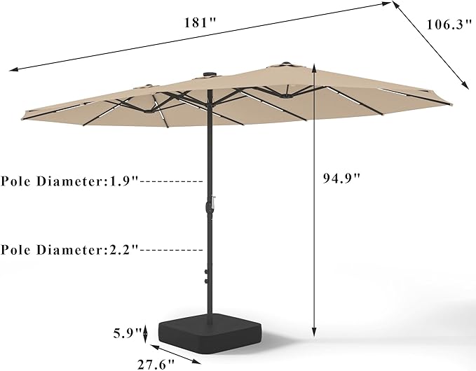 15FT Patio Umbrella with Solar Light Bar, Large Double-Sided Outdoor Table Umbrella with Base, Crank, Steel Ribs and Pole for Patio, Beach Sun Umbrellas for Backyard, Poolside, Beige