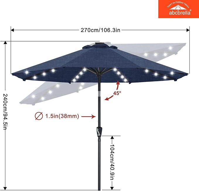 ABCCANOPY OLEFIN® 5-Year No Fading Patio Umbrella with Solar Lights (Navy Blue)