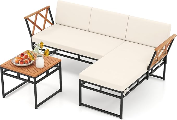 Tangkula 3 Pieces L-Shaped Outdoor Furniture Set, Acacia Wood Patio Sectional Cushioned Conversation Sofa with Square Coffee Table, for Porch, Backyard & Poolside (Beige)
