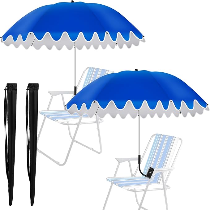 Abbylike 2 Pcs Scalloped Chair Umbrella with Universal Adjustable Clamp 38'' Portable Wheelchair Umbrella UPF 50+ Camping Chair Parasol with Bag for Outdoor Patio Lawn