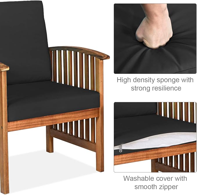 Tangkula 8 PCS Outdoor Acacia Wood Sofa Set with Water Resistant Cushions, Padded Patio Seating Chat Set w/Coffee Table for Garden, Backyard, Poolside (2, Black)