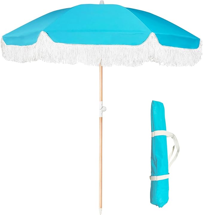 Lefedrasticity Boho Outdoor Umbrella with Tassels,6ft Table Umbrella Outdoor Patio with Knobs Tilt,Wind Resistant Portable Beach Umbrella UPF50+ Fringe Umbrellas For Pool Backyard Deck Garden