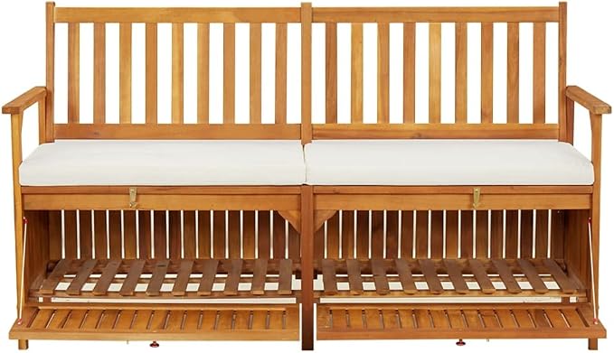 Patio Storage Bench with Cream White Cushion, Outdoor Wooden Deck Box, Solid Wood Patio Furniture for Outdoor Cushions, Pool Storage and Garden Tools, 58.3"x24.4"x33.1", -331