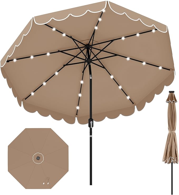 HAPPYGRILL 10 FT Patio Umbrella with Solar Lights, Market Sunshade with Ruffles, Vented Top, Tilt Adjustment & Built-in Crank, Outdoor Parasol Canopy for Backyard Poolside Deck Beach Lawn