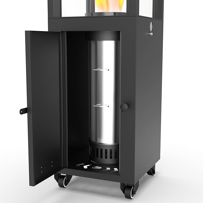 Wood Pellets Patio Heater with Wheels and Ash Box, Safe and Adjustable Outdoor Heaters for Patio. Outdoor Fire Pit for Garden Bonfire Party, Backyard and Beach. Black