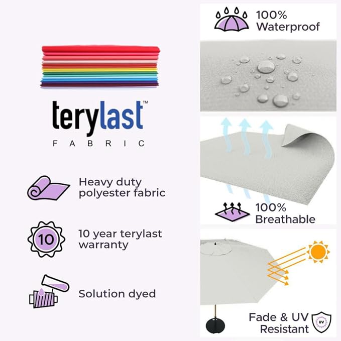 Midtown Umbrellas The LED Swilt 8 Feet Patio Umbrella With Terylast Off Cream (Off White) Polyester Fabric - Auto-Tilt Aluminum Frame With LED Lights For Backyard, Deck, Garden, Pool - Black Pole