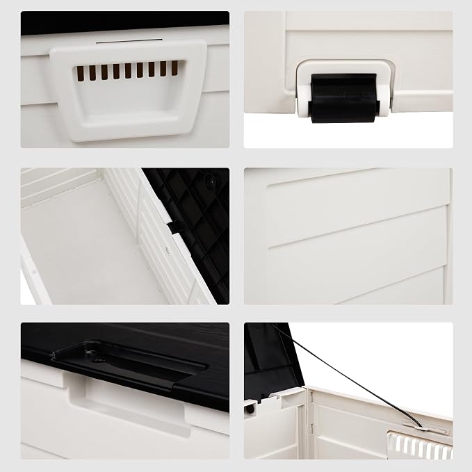 75 Gallon Outdoor Deck Box, Lockable Patio Outdoor Storage Box with Wheels, Waterproof Deck Storage Boxs for Furniture, Garden Tools Poolside and Tools Storage, Black&White